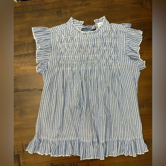 Vintage Charm Womens Large Ruffled Peplum Blue Striped Flutter Sleeve Blouse - Picture 4 of 9